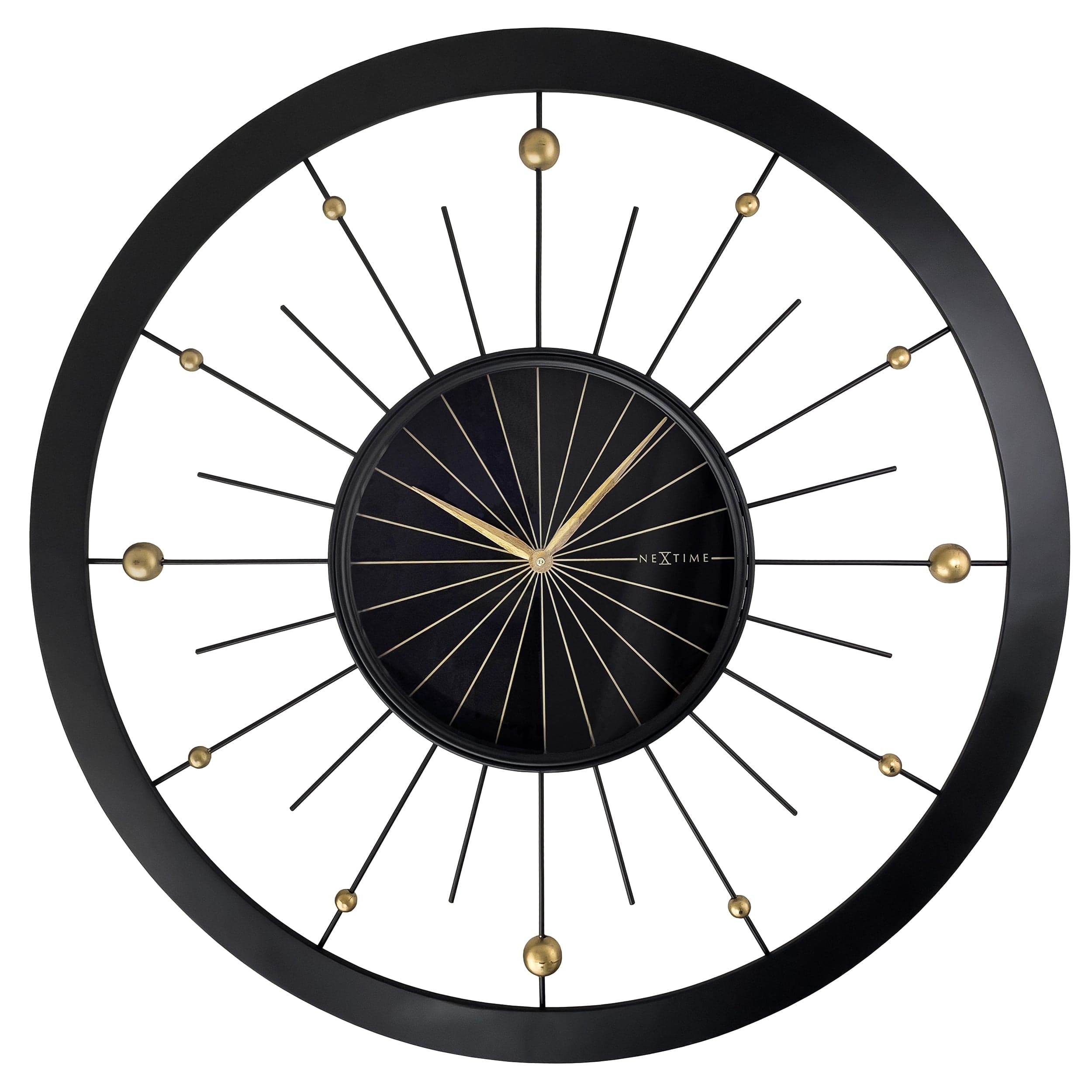Large black metal NeXtime Orbit wall clock, 90cm, silent operation, modern design with bold clock face and minimalist style.